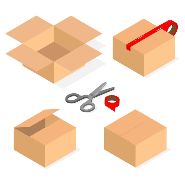 Conjunto de cajas de cartón con tijeras y cinta adhesiva.