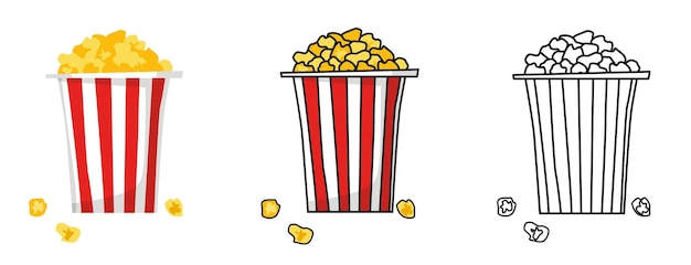 Conjunto de cajas de cubo de palomitas de maíz aisladas Comida rápida en el cine Vaso de papel grande rayado en la parte superior lleno