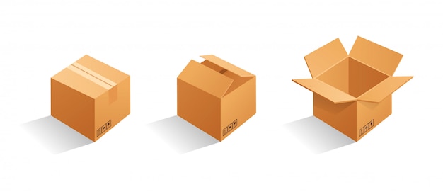 Conjunto de cajas de embalaje de cartón marrón en blanco. Se puede usar para medicamentos, alimentos, cosméticos y otros. Ilustración realista