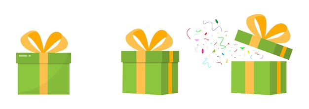 Conjunto de cajas de regalo con caja sorpresa cerrada y abierta en color verde y amarillo