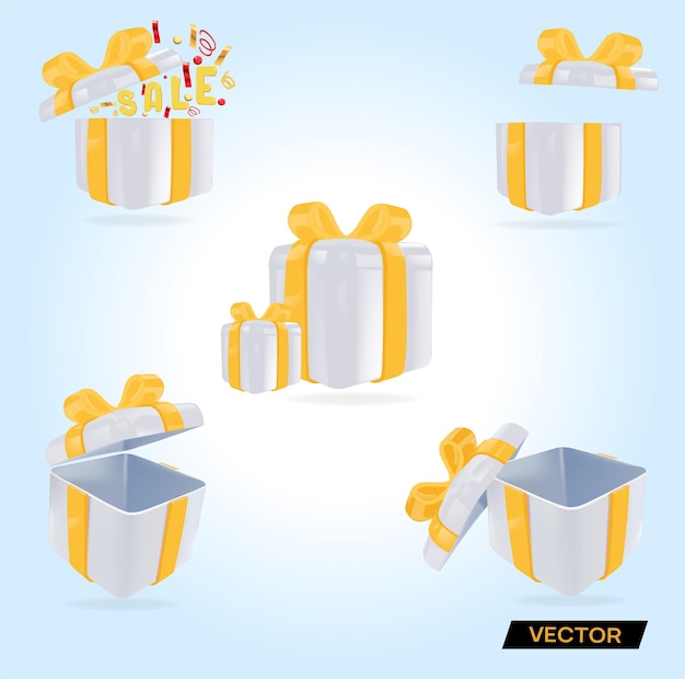 Conjunto de cajas de regalo. Cajas blancas con lazo amarillo en diferentes ángulos.