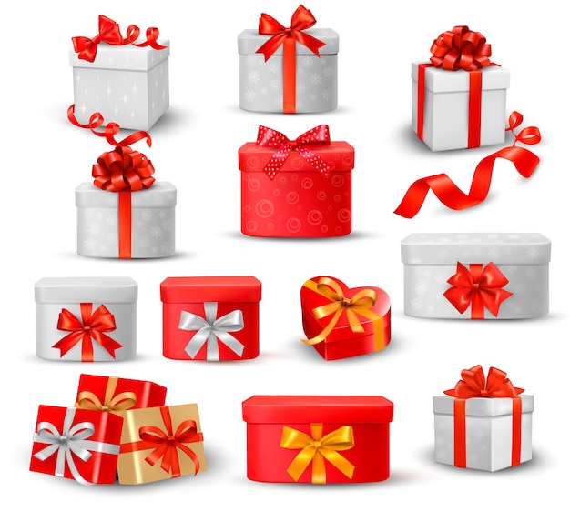 Conjunto de cajas de regalo de colores con lazos y cintas.