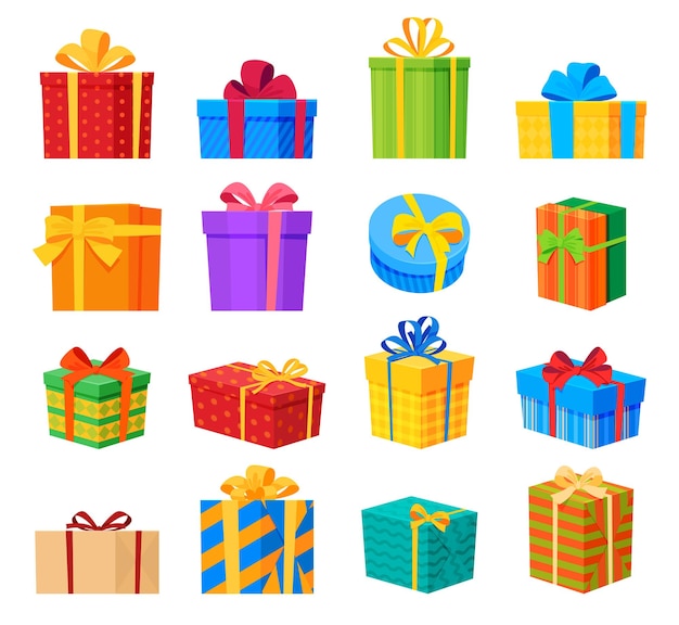 Vector conjunto de cajas de regalo de colores con lazos hermoso embalaje brillante ilustración vectorial
