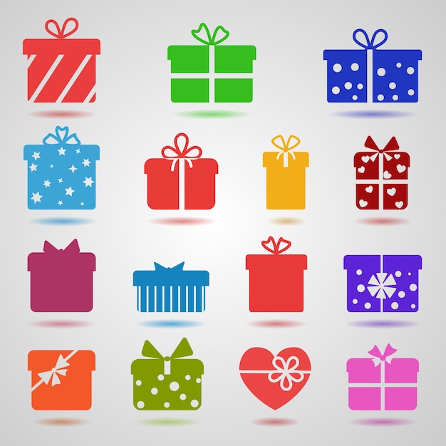 Conjunto de cajas de regalo coloridas con sombras.