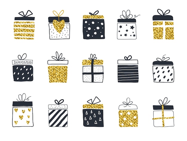 Conjunto de cajas de regalo dibujadas a mano estilo escandinavo Ilustración de vector de color dorado y negro