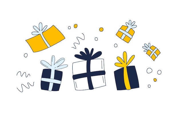 Conjunto de cajas de regalo dibujos animados dibujados a mano estilo doodle Fiesta de cumpleaños Ilustración vectorial tarjetas de felicitación