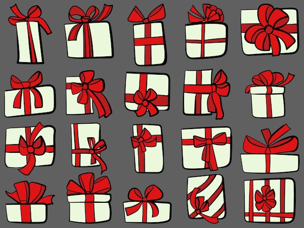 Conjunto de cajas de regalo de garabatos con embalaje festivo de lazos rojos con cintas brillantes