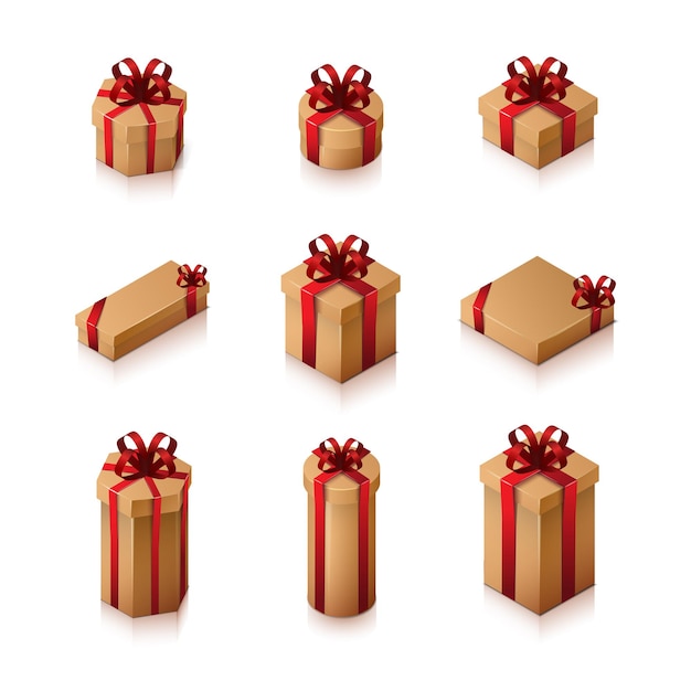 Conjunto de cajas de regalo con moños y cintas. Ilustración isométrica sobre fondo blanco.