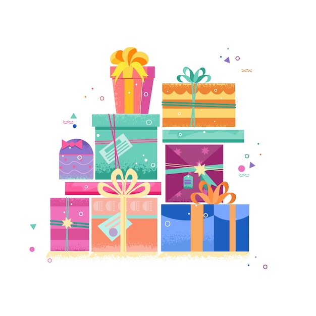 Conjunto de cajas de regalo, regalos, con una decoración brillante de Año Nuevo.