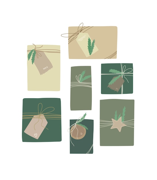 Conjunto de cajas de regalo Regalos de Navidad con estilo Ilustración para postales vacaciones web
