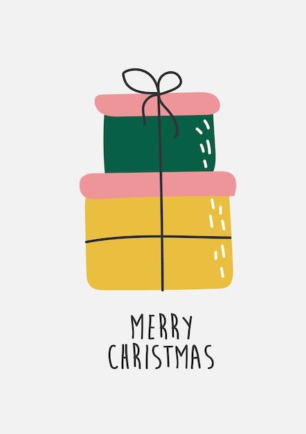 Conjunto de cajas de regalo y texto de Feliz Navidad dibujado a mano estilo doodle Vector