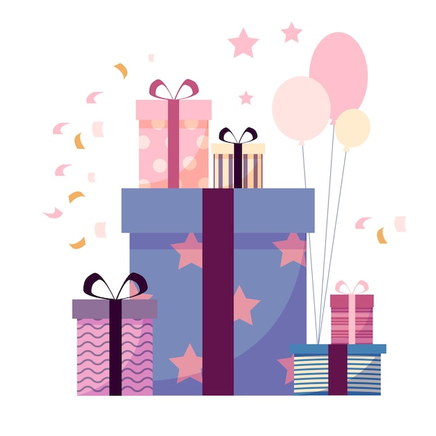 Un conjunto de cajas de regalo en tonos azules Globos y confeti