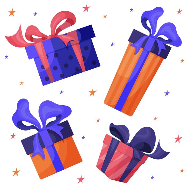 Conjunto de cajas de regalos coloridas Ilustración vectorial de lindas cajas de regalo en un fondo blanco aislado