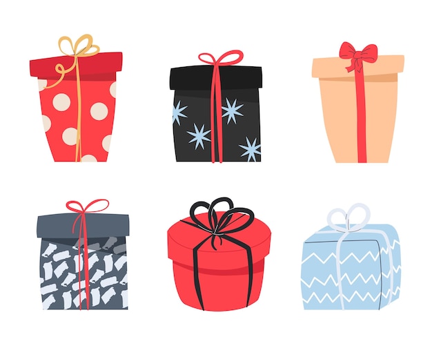 El conjunto de cajas de regalos es festivo Regalos envueltos en envases de papel festivo decorados con un lazo de cinta