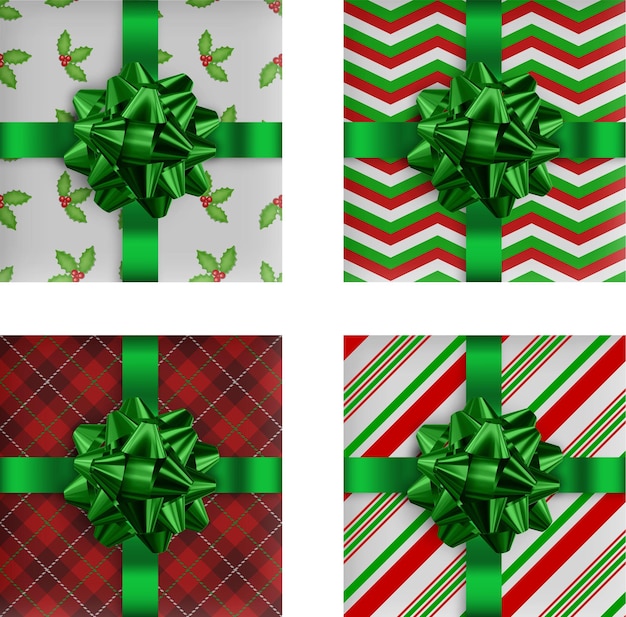 Conjunto de cajas de regalos de Navidad realistas colección de cajas De regalos de navidad con arco verde