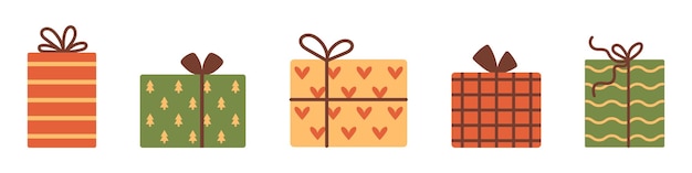 Conjunto de cajas de regalos de Navidad vectoriales Regalos de Navidad con lazos de cinta en colores rojo, verde y amarillo Colección de regalos de Navidad, Año Nuevo o Cumpleaños
