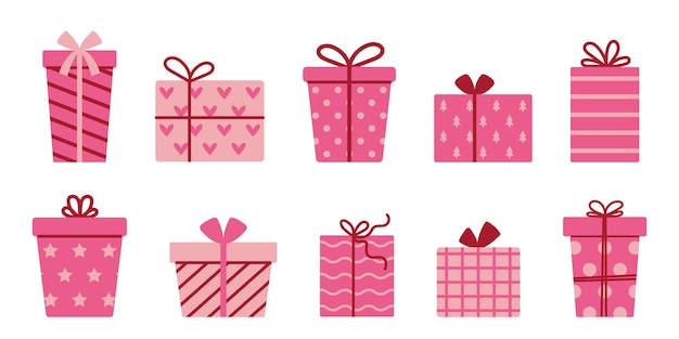Conjunto de cajas de regalos rosas vectoriales Regalos de vacaciones en embalaje de papel festivo con lazos de cinta Colección de regalos para el día de San Valentín o cumpleaños