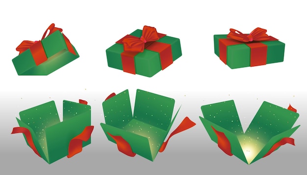 Un conjunto de cajas de sorpresa verdes abiertas atadas con cintas rojas