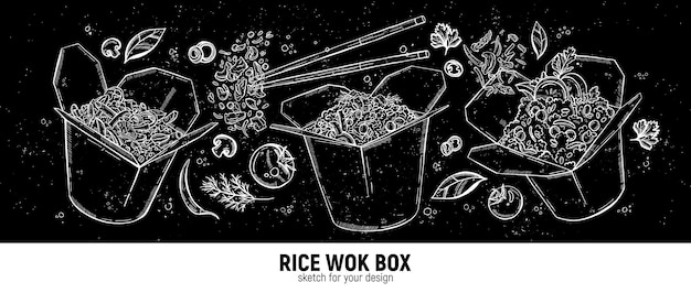 Conjunto de cajas de wok arroz palillos de comer verduras y especias cocina asiática boceto de dibujo a mano