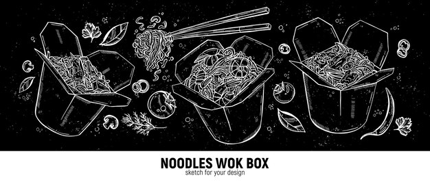 Conjunto de cajas de wok Fideos palillos verduras y especias Cocina asiática Boceto de dibujo a mano