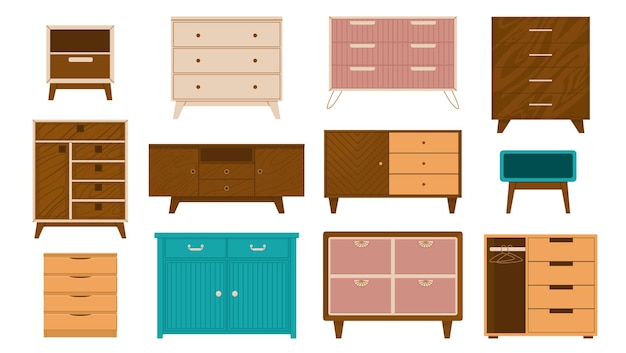 Conjunto de cajones y armarios de diferentes estilos y diseños Mobiliario para el hogar y la oficina Almacenamiento de ropa y textiles Ilustración vectorial aislada sobre fondo transparente