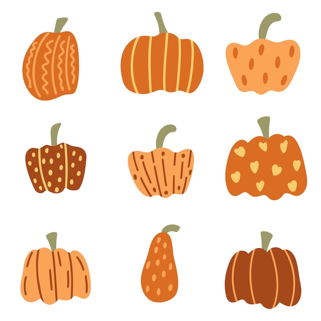 Conjunto de calabaza dibujada a mano ilustración vectorial decorada con líneas punteadas y patrones