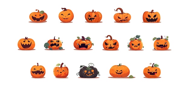 Conjunto de calabaza de Halloween dibujos animados planos aislados sobre fondo blanco Ilustración vectorial