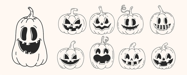 Conjunto de calabaza retro de Halloween en estilo groovy Calabaza de contorno gracioso con sonrisa Ilustración vectorial