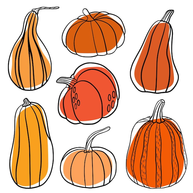 Conjunto de calabazas de arte de línea Colección minimalista de otoño y Halloween con varias calabazas