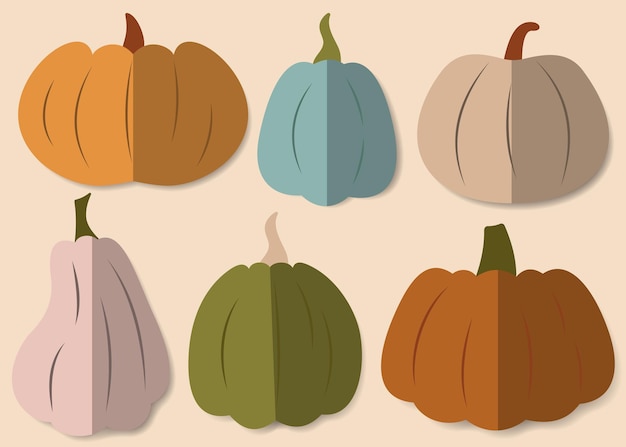 Un conjunto de calabazas de colores estilo de corte de papel perfecto para la cosecha de Acción de Gracias temporada de otoño estilo plano