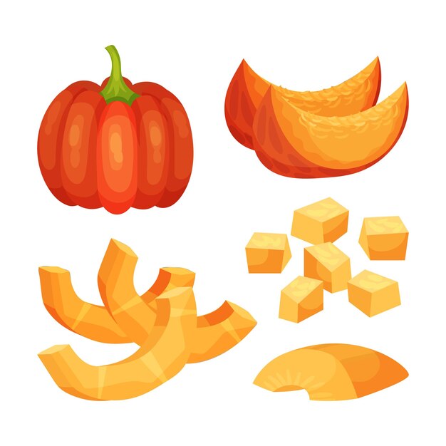 Conjunto de calabazas Cuarto entero pelado en cubitos Ilustración vectorial sobre fondo blanco