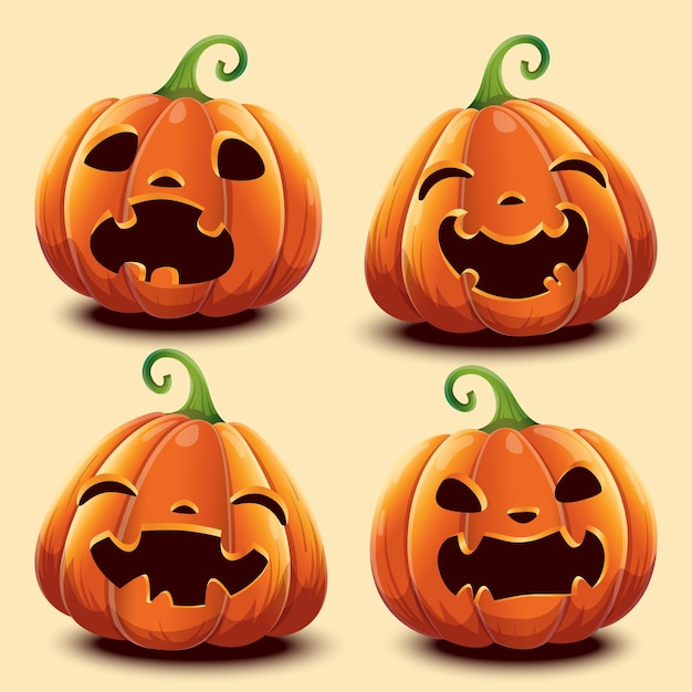 Conjunto de calabazas con diferentes caras para halloween. ilustración vectorial. aislado.