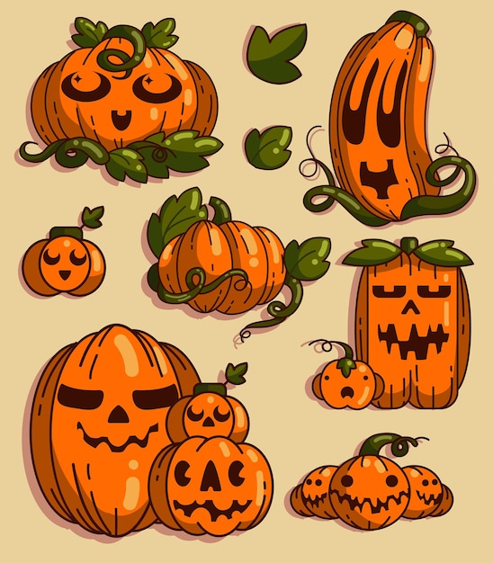 Vector un conjunto de calabazas estilizadas con caras para halloween