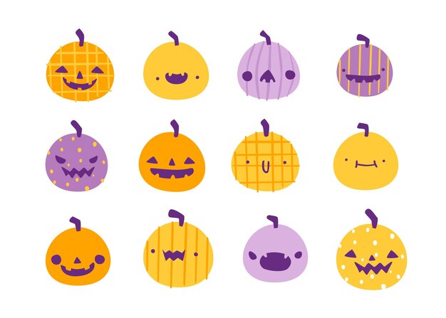 Conjunto de calabazas estilizadas de Halloween Colección de linternas de calabaza linda Colección de calabezas de garabateo espeluznante