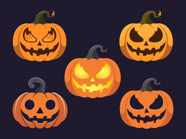 Conjunto de calabazas de Halloween Alegre JackoLantern siniestra ilustración vectorial de calabaza brillante