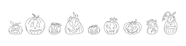 Conjunto de calabazas de Halloween Caras de calabazas de Halloween de miedo Concepto de vector en estilo de dibujo de garabato Dibujo de mano de calabaza de colección de contorno con estilo de pincel aislado en png o textura transparente