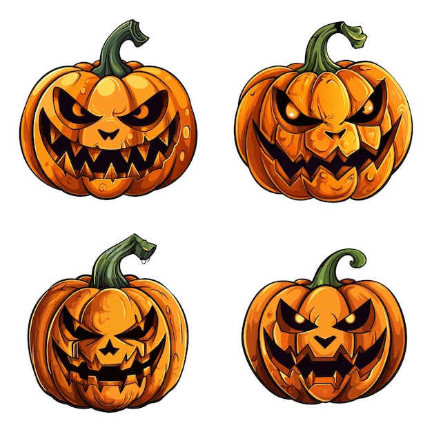 Conjunto de calabazas de halloween caras divertidas vacaciones de otoño ilustración vectorial EPS10