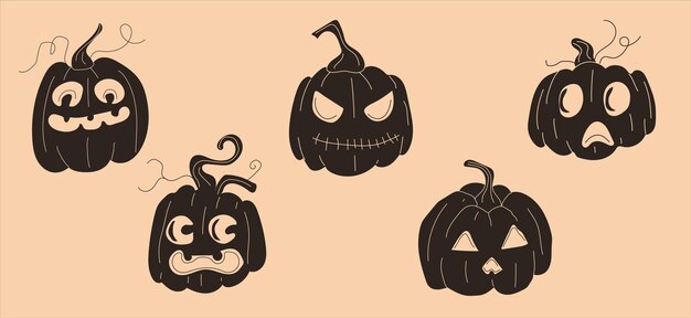 Conjunto de calabazas de Halloween, caras graciosas. Conjunto de vectores en estilo de dibujos animados. Todos los elementos están aislados.