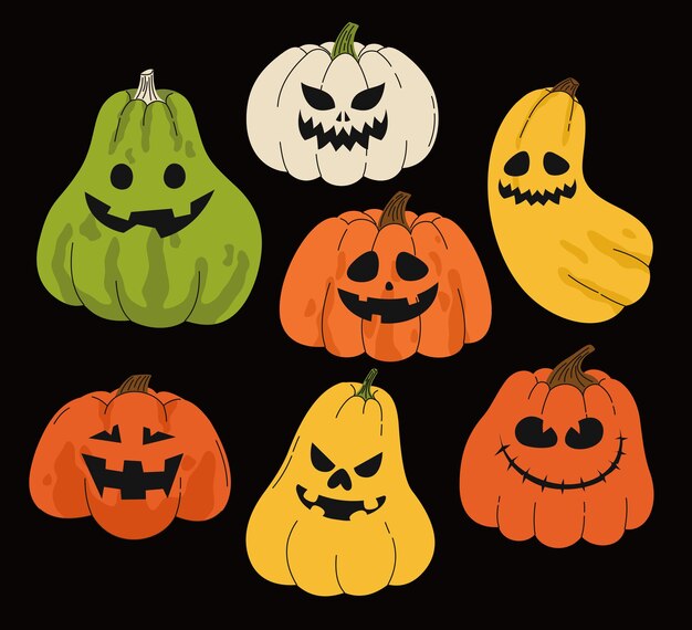 Conjunto de calabazas de Halloween de diferentes colores y formas Ilustración vectorial plana