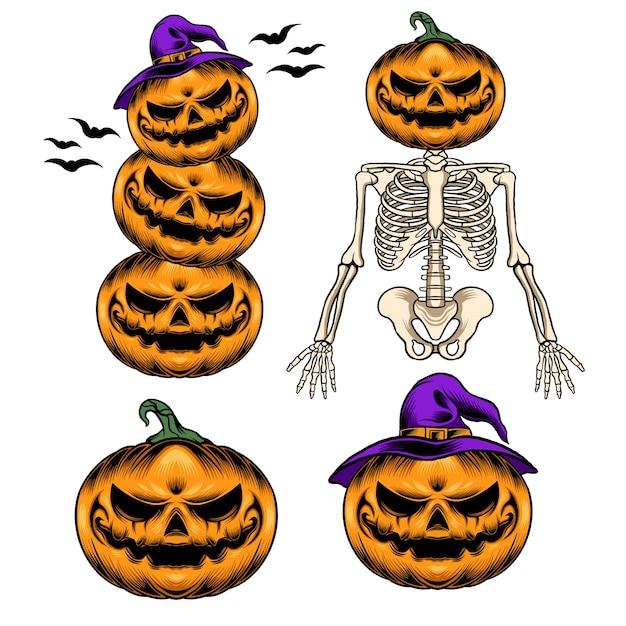 conjunto de calabazas de halloween con esqueleto y murciélagos. ilustración vectorial