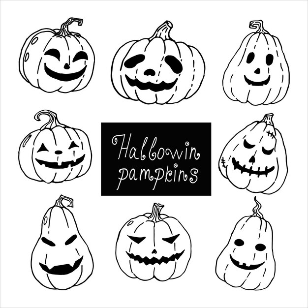 Conjunto de calabazas de halloween de miedo en vector de estilo doodle