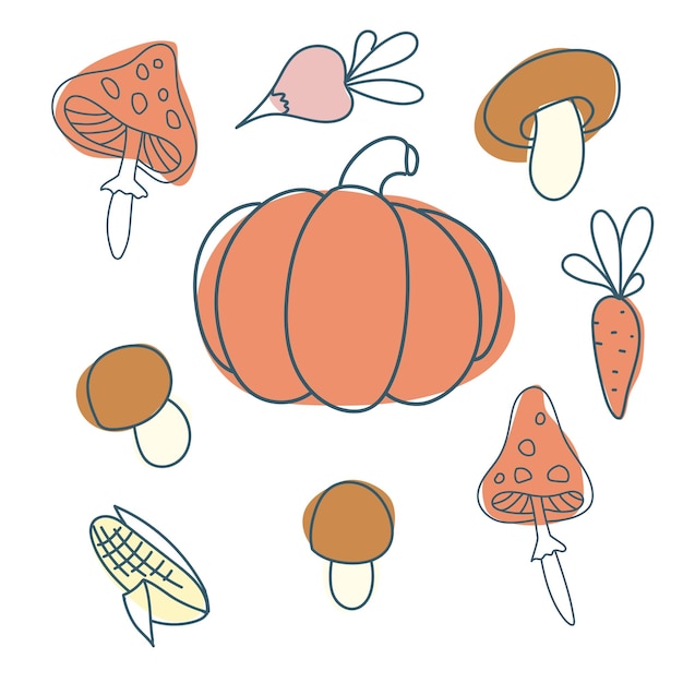 Conjunto de calabazas y otras verduras en estilo garabato Hojas de otoño maíz zanahorias Calabaza para decoración Verduras de otoño Gráficos vectoriales aislados sobre fondo blanco