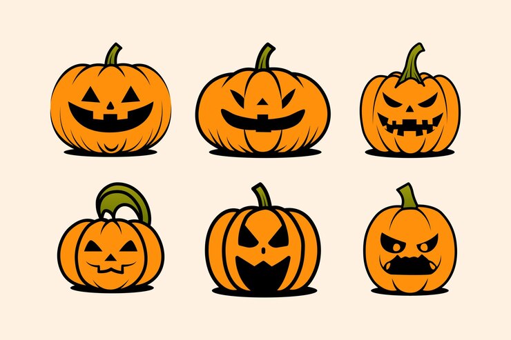Conjunto de calabazas planas de Halloween Ilustración de arte vectorial un patrón de caras de calabaza de Halloween