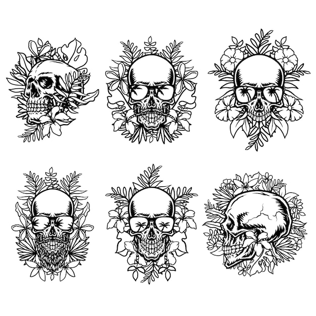 Conjunto de calavera con flores tropicales