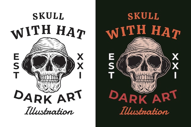 Conjunto Calavera con sombrero Ilustración oscura Calavera Huesos Cabeza Dibujado a mano Eclosión Esquema Símbolo Tatuaje Mercancía Camiseta Merch vintage