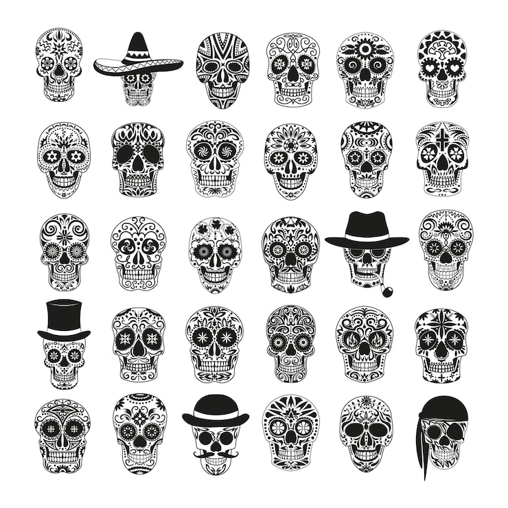 Vector conjunto de calaveras en blanco y negro para el día de muertos.