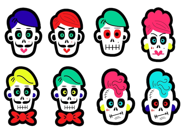 Conjunto de calaveras de dibujos animados de diferentes tipos para diseños de concepto de celebración de halloween y día de muertos