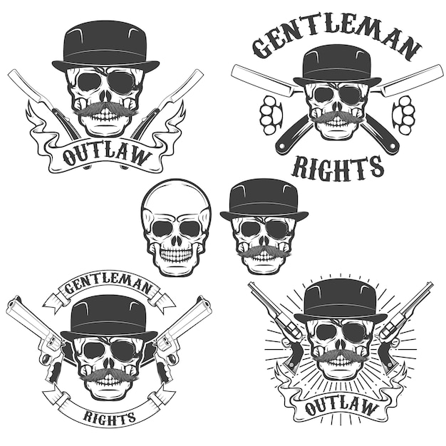 Vector conjunto de calaveras gangsta aislado sobre fondo blanco.