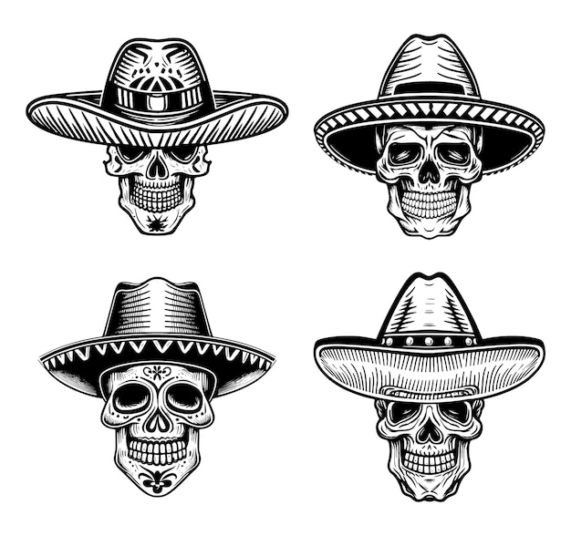 Conjunto de calaveras en sombrero