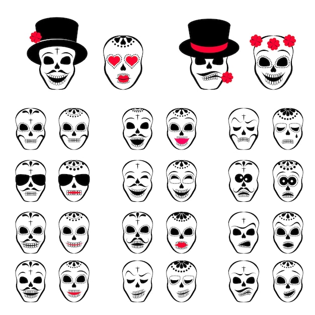 Un conjunto de calaveras sonrientes sin fondo Dia de los muertos Día de los Muertos